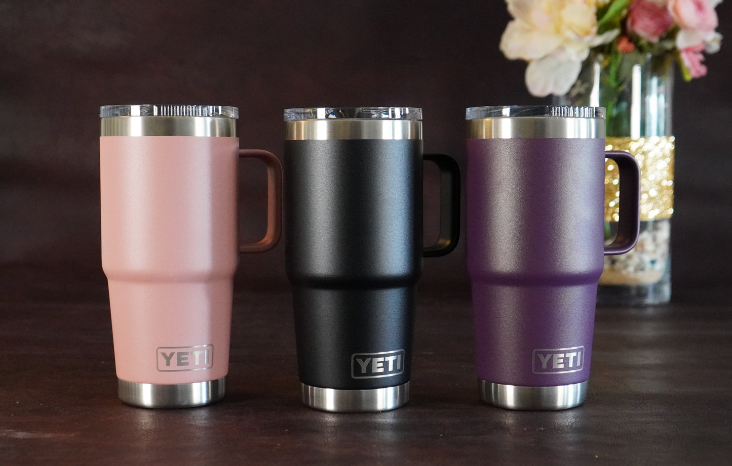Sandstone Pink Black and Nordic Purple Custom Engraved Yeti Rambler 20oz Travel Mug for Wedding Parties, Gifts or Special Occasions.